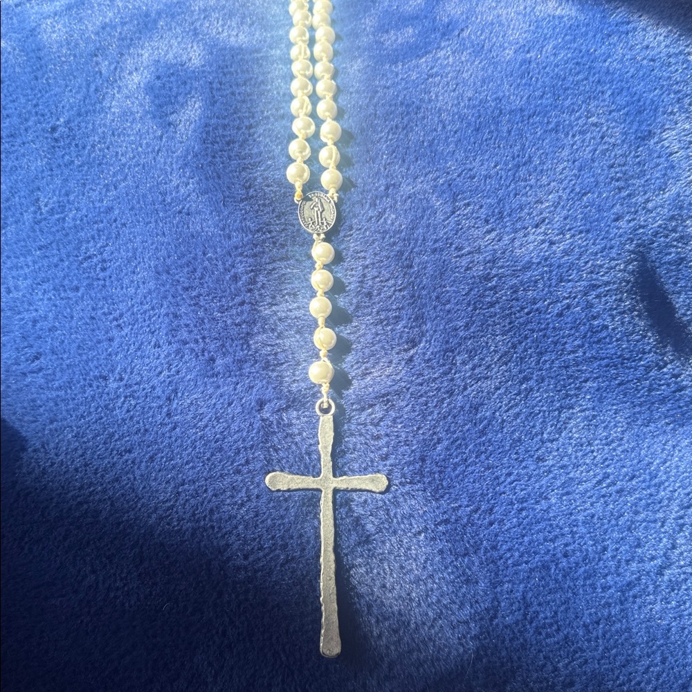 Handcrafted Faux Pearl Rosary Cross Necklace